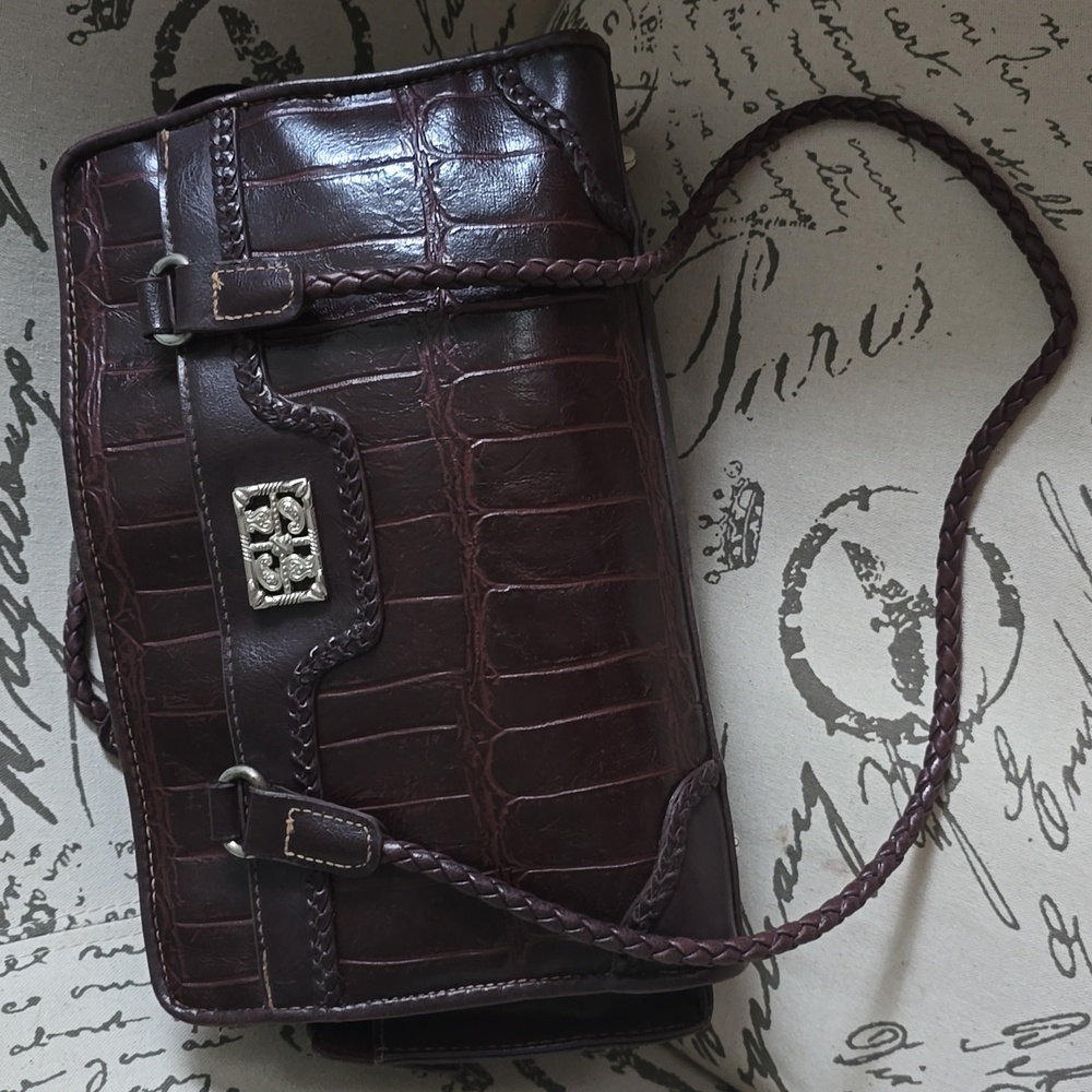 BUENO FAUX CROC SATCHEL HANDBAG BROWN/BURGUNDY W/LEATHER BRAIDED STRAPS in GUC